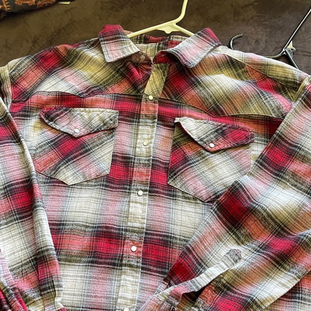 Red and Gray Plaid Button-Up Shirt western cut